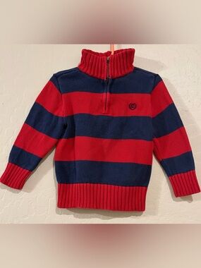 Chaps Ralph Lauren Kids Red Blue Striped Sweater Quarter Zip Preppy- Size 3T